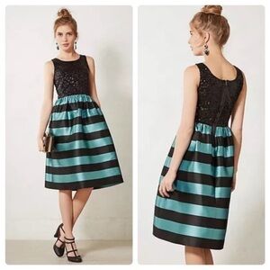Leifsdottir Starlit Stripes Black and Teal Midi Dress